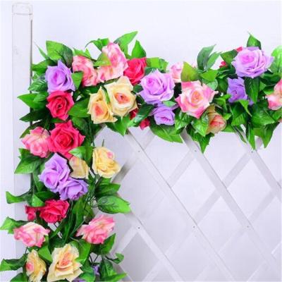 China Lifelike 230cm Artificial Green Plant Wall Rose Vine To Wedding Decoration High Grade Artificial Flower for sale