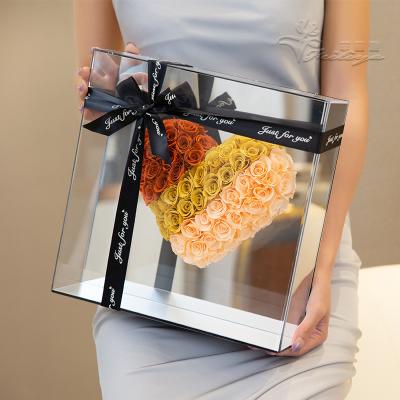 China Romantic Preserved Eternal Preserved Rose Gift Real Heart Shaped Roses Amazon Top Seller Girlfriend In Square Box Acrylic Mirror Surface for sale