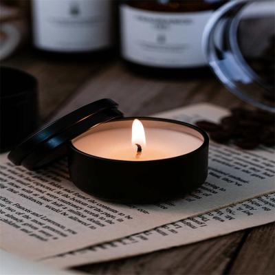 China Custom Luxury Metal Boxes Black Handmade Soy Wax Travel Aroma Candles To Sit And Relax for sale