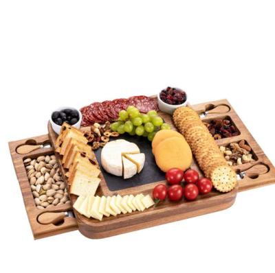 China Sustainable acacia wood tray with cutlery in double slide-out drawer cheese cutting board set and knife set for sale