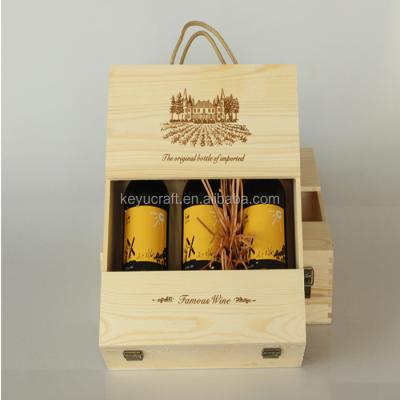 China Handmade Unfinished Wooden Three Bottle Wine Box for sale