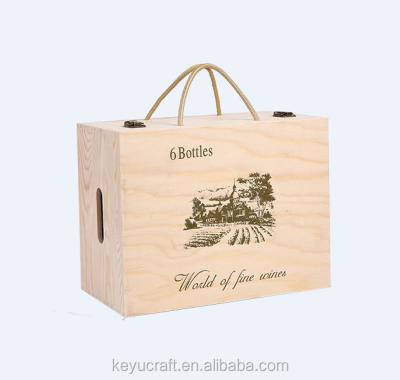 China Solid pine wood wooden box for wine for 6 bottles with silk screen printing logo for sale