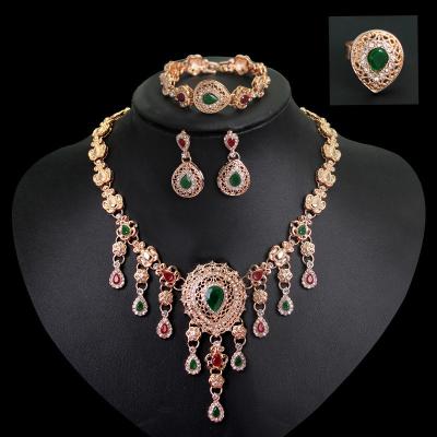 China TRENDY Fashion Women Jewelry Set Saudi Gold Plated Wholesale African Bridal Rhinestone Necklace Earring Bracelet Ring Sets for sale