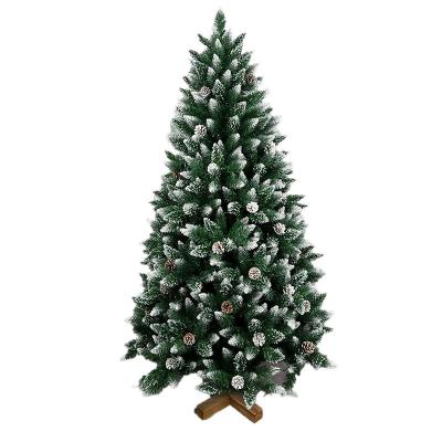 China PVC Artificial Wood Base 180cm Flocking Snow Christmas Tree Pine Cone Branch Tip Decoration With Lights for sale