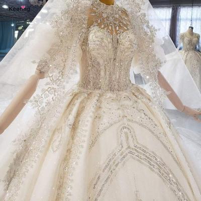 China 2021 new anti-static keering sexy girls high-necked mid-sleeve beading and rhinestone wedding dress wedding dress for women for sale