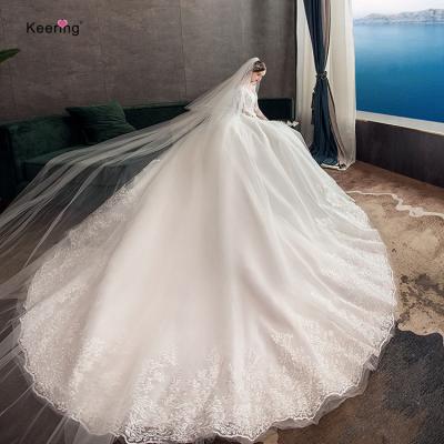 China Anti-static Hot Luxury Bridal Amazon Long Sleeve Off The Neckline White Cathedral Train Royal Wedding Dress for sale