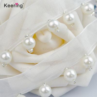 China WTP-1419 next product handmade fashion cheap and new ivory lace edge pearl beaded bridal veil trim on organza for sale