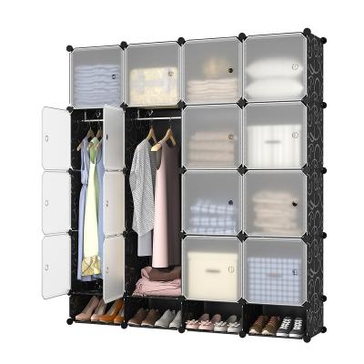 China Living Room 16 Cube Folding Pp Panel Diy Living Room Bedroom Plastic Cabinet Portable Wardrobe Organizer Shelf With 2 Clothes Hanger for sale