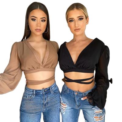 China Manqi 2021 Women's V-Neckline Bubble Blouse High Quality Breathable Deep Sleeve Long Sleeve Sexy Crop Top for sale