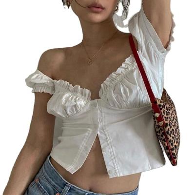 China Manqi breathable white crop top shirt women clothes sexy backless blouse with puff sleeve deep-v low cut crossover sexy summer for women short for sale