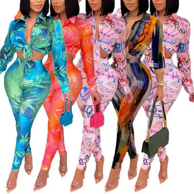 China Breathable Silk Tie Dye Spring Plus Size Two Piece Set Team Women Crop Top Shirt And High Waist Pant Suit Sets for sale