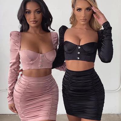 China Manqi Long Sleeve Breathable Solid Square Neckline Backless Top And Ruched Bodycon Wrap Hips Skirt Two Piece Sets for sale