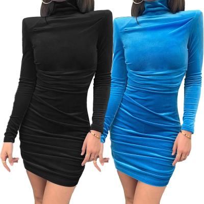 China Customized Anti-Static Winter Velvet Black Turtle Neck Long Sleeve Ruched Causal Dress Lady Bodycon Dresses For Women for sale