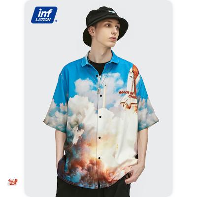 China Customized Anti-shrink Digital Printing New Rocket Launches Loose Shirt Street Men's Short Sleeve Shirt for sale