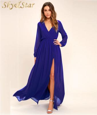 China Long Sleeve Breathable Polyester Sheer Elastic Waist Split Women Casual Royal Blue Long Dress for sale