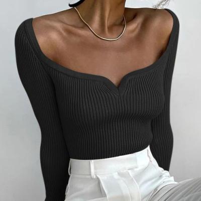 China Custom Solid Neck QUICK DRY Rib Knit Top Square Low Sweetheart Neck Cut Out Long Sleeve Summer Sweater for sale