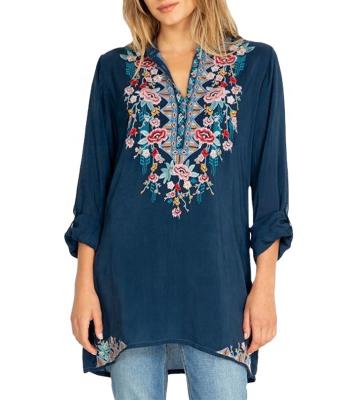 China Breathable Floral Embroidery Petit-Label Long Front Keyhole Round Neck Center Sleeve Tunic Top for sale