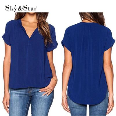 China Women Viable Summer Chiffon Blouse Casual Loose V-Neck Fitted Shorts Sheath Top Shirts for sale