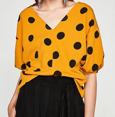 China Fashion anti-pilling casual summer printed yellow chiffon lady blouse and top for sale