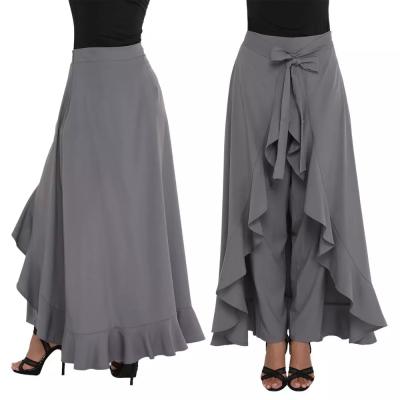 China Women's Plus Size Chiffon Plain Ruffle Wide Leg Tie-Waist Palazzo Panty Skirt Long for sale