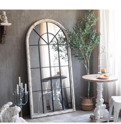 China Large Minimalist Arched Wooden Frame Window Wall Decorative Mirror for sale