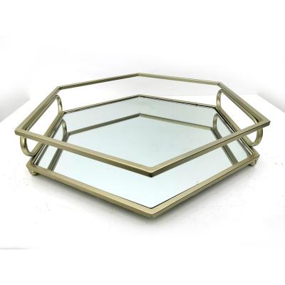 China Modern Luxury Rustic Decorative Storage Hexagon Iron Metal Mirror Storage Serving Tray for sale