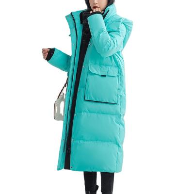 China Skii Waterproof Wholesale Jacket Outdoor Woman Winter Hooded Blue Zipper Long Warm Down Jacket for sale