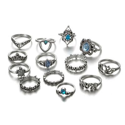 China BOHIME 13 Piece Vintage Boho Turquoise Silver Knuckle Rings Set Geometric White Opal Midi Sapphire Rings For Women for sale