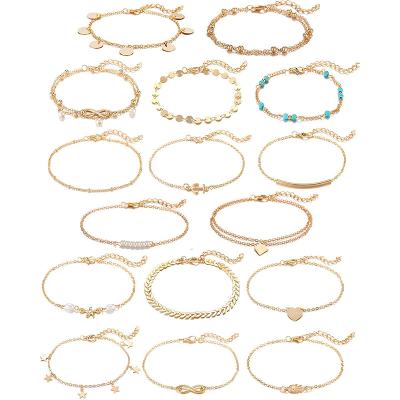 China 16Pcs BOHEMIA Anklets Gold Silver Two Style Beach Anklet Chain Bracelet Jewelry For Women Girls for sale