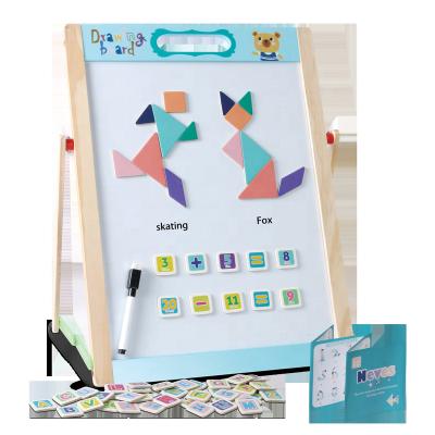 China DIY Toy Gift Height Magnetic Wooden Art Easel Kids Drawing Board Double Sided Painting Children Sketchbook with Tangram Puzzles for sale