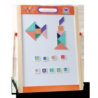 China DIY Painting Montessori Wooden Toys 2022 Double Sided Sketchbooks ToyWooden Art Easel Kids Drawing Board with Tangram Puzzles for sale