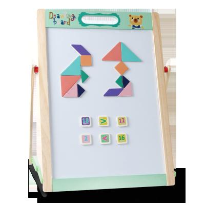 China DIY Montessori Toy Wooden Art Easel Kids Painting Double Sided Sketchbook for 3-5 Children Drawing Board with Tangram Puzzles for sale