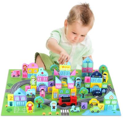 China Construction Toy Children Educational Play DIY Mini Community and Wooden Electric Train Railway Track Building Block Boy Toys for sale