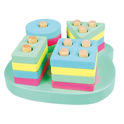 China Preschool Eductional Toys Early Educational Geometric Macaron Shape Matching Pairing Assembled Colorful DIY Wooden Block Sets Column Toy for sale