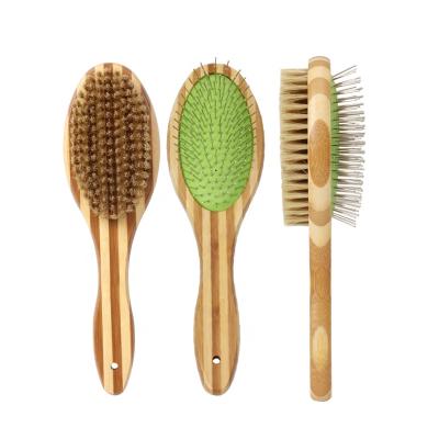 China Factory Wholesale Stocked Custom Wooden Cat Dog Grooming Hair Brush Logo Single Double Sided Bamboo Pet Hair Massage Brush for sale