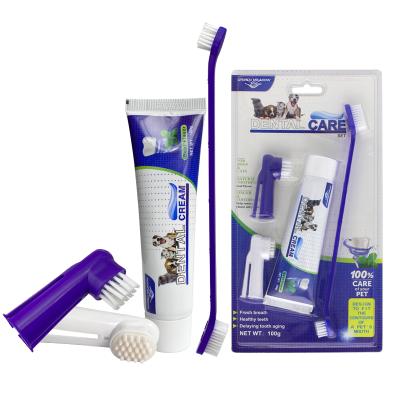 China Viable 4 in 1 Double Ended Dog Cat Finger Toothbrush with Beef Flavor Pet Toothbrush and Toothpaste Set for sale