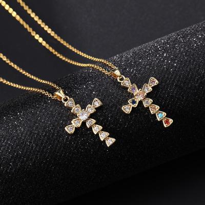 China High Quality Punk Cross Pendant Brass Necklace Multi Color CZ Cross Chain Necklace For Couples for sale