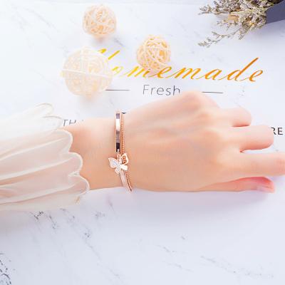 China The Other Adjustable Bangle Rose Gold Layered Butterfly New Design Double Layer Zircon Butterfly Bangle Bracelet For Friend for sale