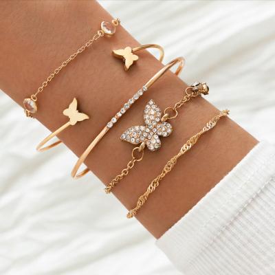 China Other Fashion Jewelry 5Pcs Gold Plated Butterfly Bangle Bracelet Sets Boho Zircon Butterfly Bracelet For Women for sale