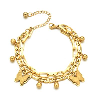 China Other Fashion Jewelry Bangles Butterfly Bracelet Gold Heart Charm Adjustable Layered Stainless Steel Bracelet For Women for sale