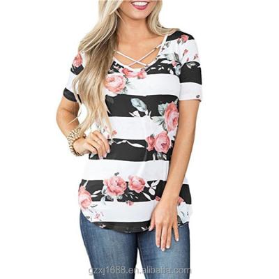 China Casual Anti-pilling Women T Shirt Cross Neck Strappy Tee For Lady Summer Elegant Tops Black Short Sleeve Tee for sale