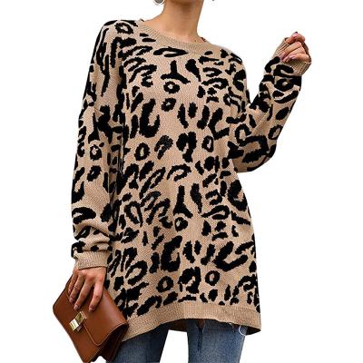 China Women's Casual Breathable Leopard Print Long Sleeve Crew Neck Knitted Oversized Pullover Sweaters Tops for sale