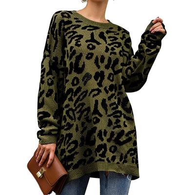 China Women's Casual Breathable Leopard Print Long Sleeve Crew Neck Knitted Oversized Pullover Sweaters Tops for sale