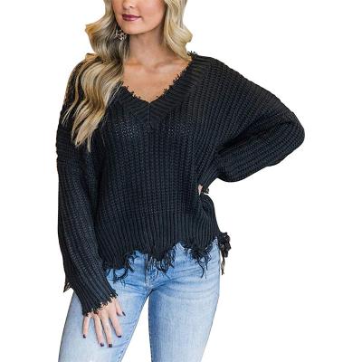 China Women's Anti-Pilling Sweater Loose Knitted V-Neck Long Sleeve Ripped Pullover Sweaters Crop Top Knit Pullover for sale