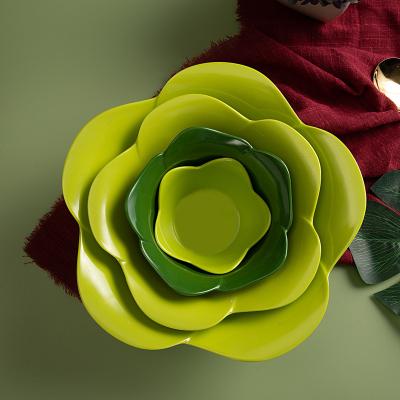 China Good Quality Sustainable Designs Special Custom Green Flower Shapes Melamine Plastic Bowls Sets for sale