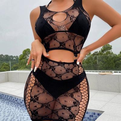 China Breathable Custom Stockings Women Open Bust Temptation Mental Ring 2 Piece Lingerie Lace Top and Bottom Dress Outfit Set Body Stocking for sale