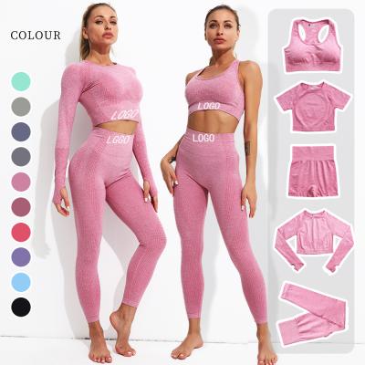 China Breathable High Waisted Workout Yoga Set Women Wear Custom Active Fitness Clothing Tight Leggings Seamless Yoga Set for sale