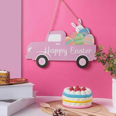 China 100% New Eco-friendly Easter Bunny Eggs Patterned Wooden Wall Decoration Easter House Truck Colorful Pendant for sale