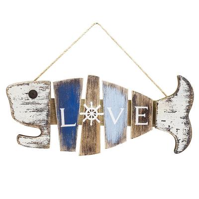 China Asian Zen Mediterranean Style Vintage Fish Beach Decoration Home Wooden Wall Pendant for sale