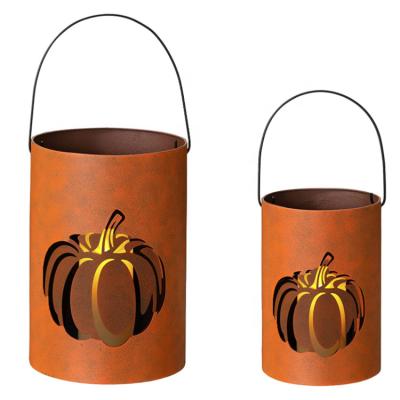 China Indoor Metal Cutout Pumpkin Candle Bucket Decoration Set Of 2 Thanksgivings On Table For Home for sale